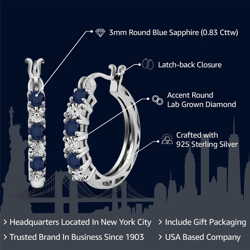 Gem Stone King 925 Sterling Silver Blue Sapphire and White Lab Grown Diamond Accent Hoop Earrings For Women (0.83 Cttw, 22MM = 0.85 Inches Diameter) - Image 2